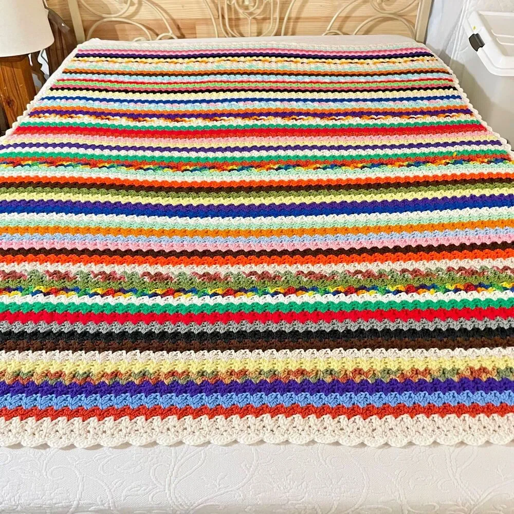 VTG Handmade Afghan Crochet Multicolor Striped 